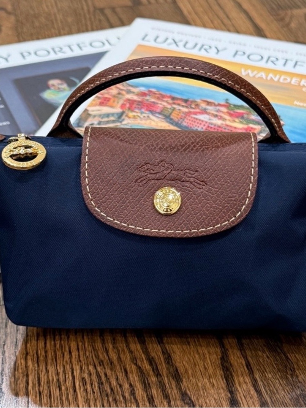 Longchamp Navy Nylon Small Top-Handle with Brown Leather Trim